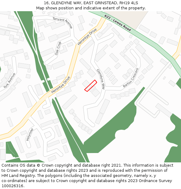 16, GLENDYNE WAY, EAST GRINSTEAD, RH19 4LS: Location map and indicative extent of plot