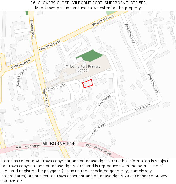 16, GLOVERS CLOSE, MILBORNE PORT, SHERBORNE, DT9 5ER: Location map and indicative extent of plot