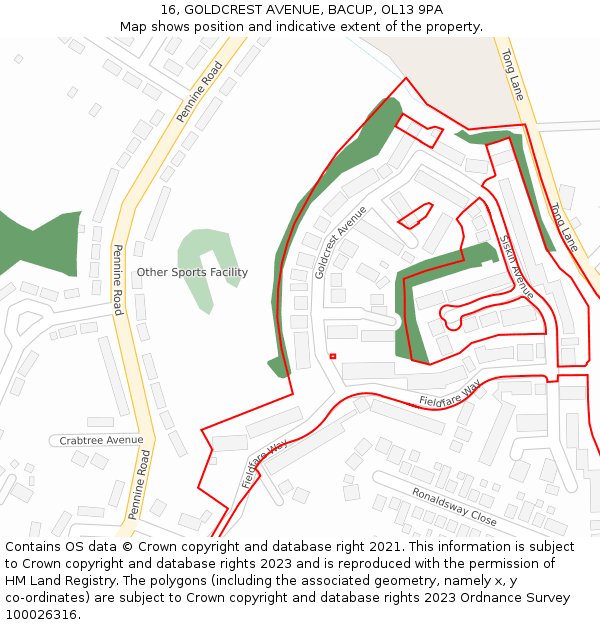 16, GOLDCREST AVENUE, BACUP, OL13 9PA: Location map and indicative extent of plot