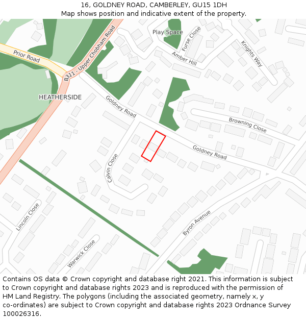 16, GOLDNEY ROAD, CAMBERLEY, GU15 1DH: Location map and indicative extent of plot