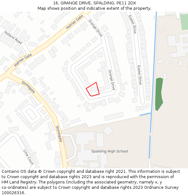 16, GRANGE DRIVE, SPALDING, PE11 2DX: Location map and indicative extent of plot