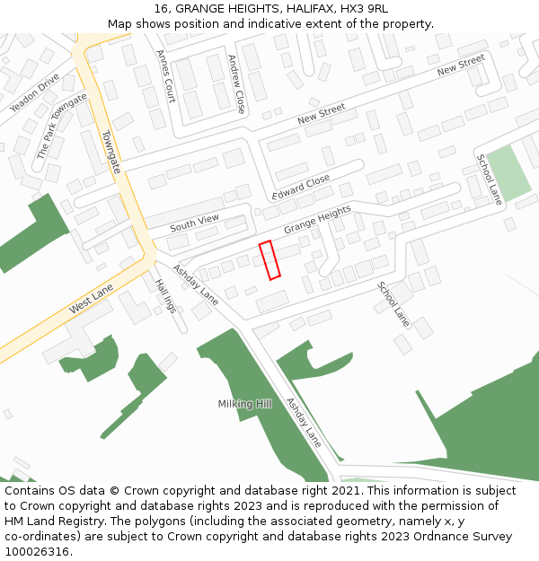 16, GRANGE HEIGHTS, HALIFAX, HX3 9RL: Location map and indicative extent of plot