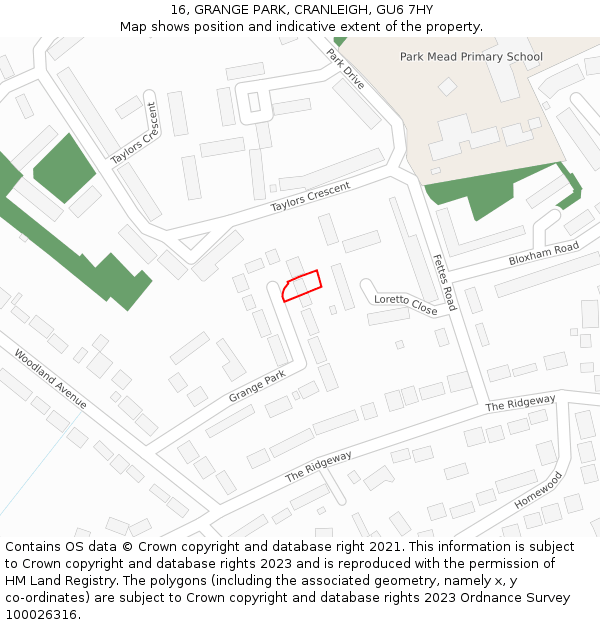 16, GRANGE PARK, CRANLEIGH, GU6 7HY: Location map and indicative extent of plot