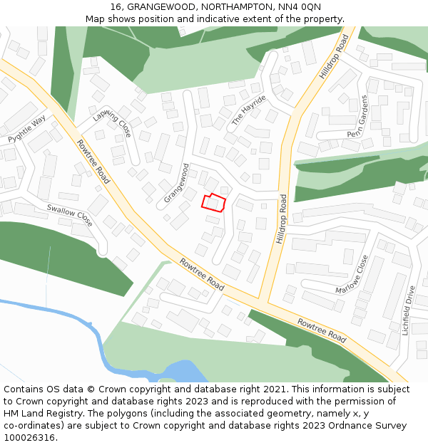 16, GRANGEWOOD, NORTHAMPTON, NN4 0QN: Location map and indicative extent of plot