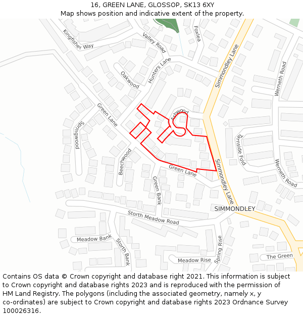 16, GREEN LANE, GLOSSOP, SK13 6XY: Location map and indicative extent of plot