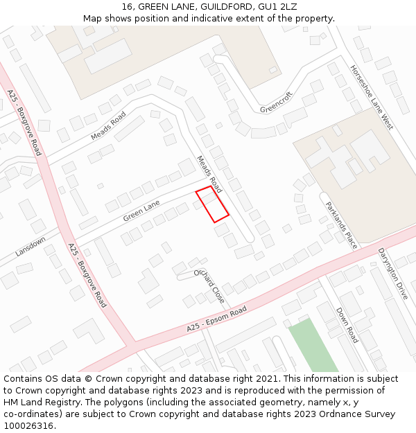 16, GREEN LANE, GUILDFORD, GU1 2LZ: Location map and indicative extent of plot