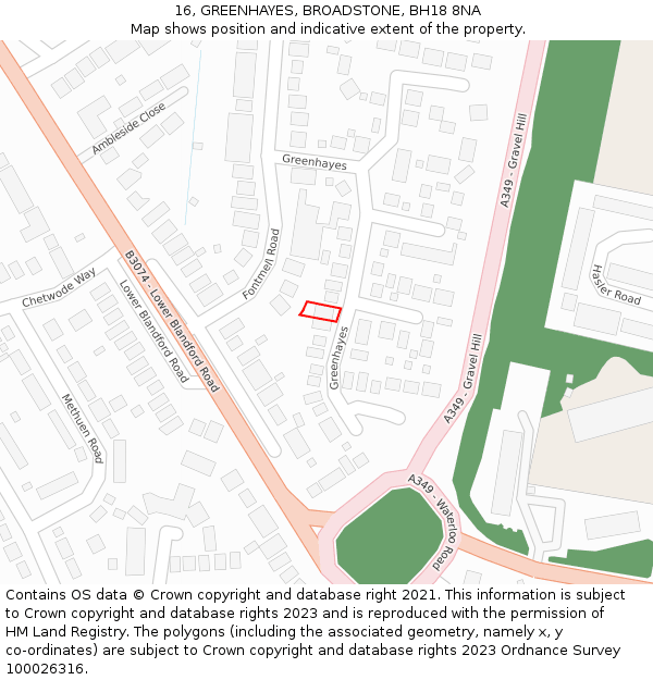 16, GREENHAYES, BROADSTONE, BH18 8NA: Location map and indicative extent of plot