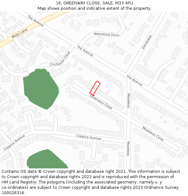 16, GREENWAY CLOSE, SALE, M33 4PU: Location map and indicative extent of plot