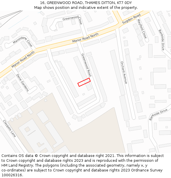 16, GREENWOOD ROAD, THAMES DITTON, KT7 0DY: Location map and indicative extent of plot