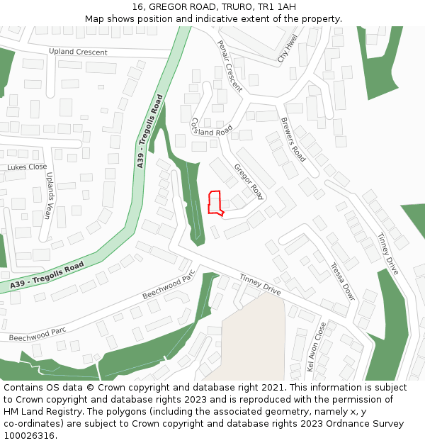 16, GREGOR ROAD, TRURO, TR1 1AH: Location map and indicative extent of plot