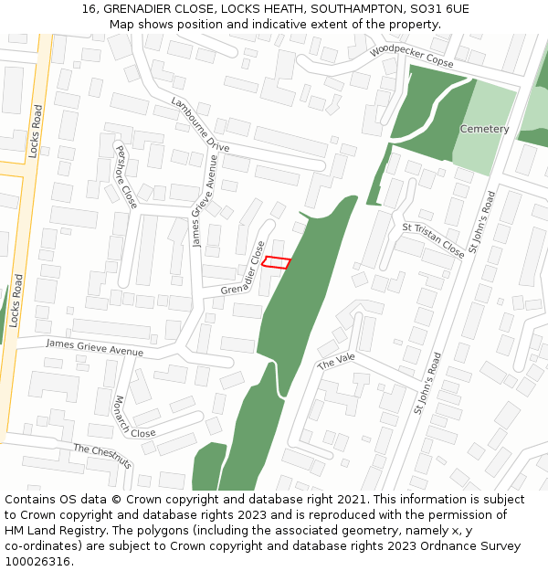 16, GRENADIER CLOSE, LOCKS HEATH, SOUTHAMPTON, SO31 6UE: Location map and indicative extent of plot