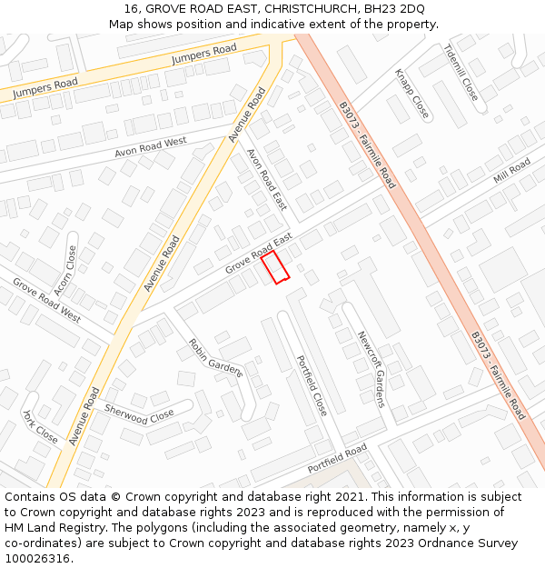 16, GROVE ROAD EAST, CHRISTCHURCH, BH23 2DQ: Location map and indicative extent of plot