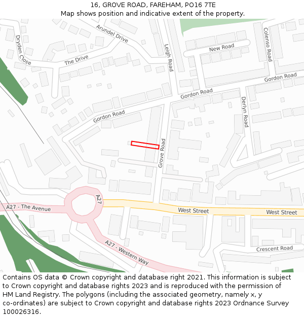 16, GROVE ROAD, FAREHAM, PO16 7TE: Location map and indicative extent of plot
