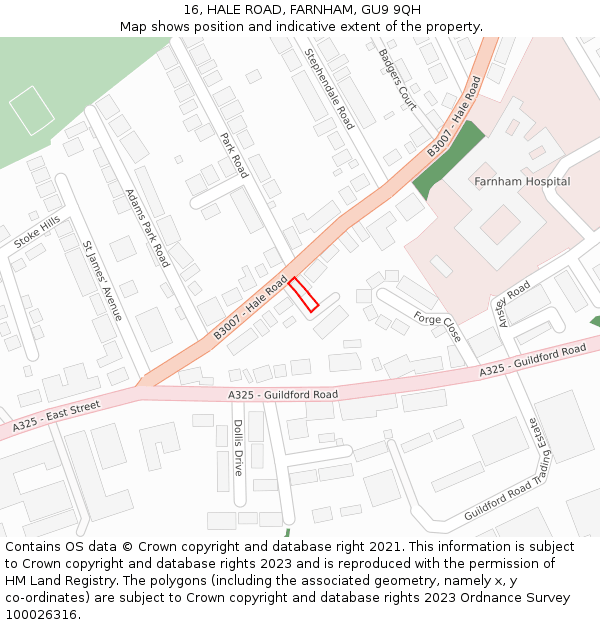 16, HALE ROAD, FARNHAM, GU9 9QH: Location map and indicative extent of plot