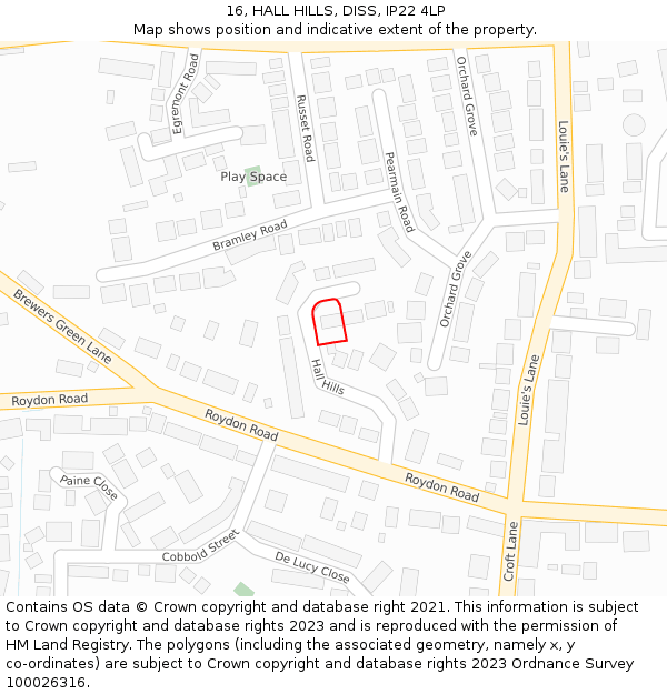 16, HALL HILLS, DISS, IP22 4LP: Location map and indicative extent of plot