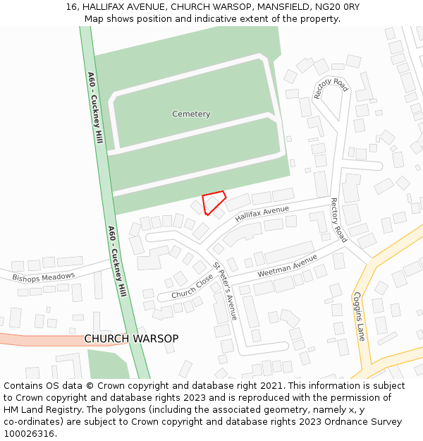 16, HALLIFAX AVENUE, CHURCH WARSOP, MANSFIELD, NG20 0RY: Location map and indicative extent of plot