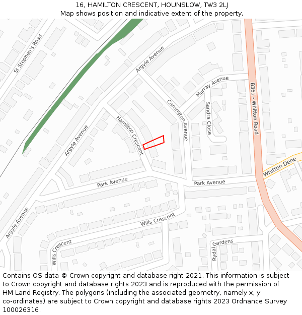 16, HAMILTON CRESCENT, HOUNSLOW, TW3 2LJ: Location map and indicative extent of plot