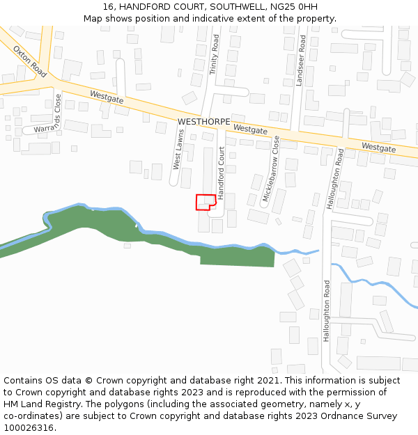 16, HANDFORD COURT, SOUTHWELL, NG25 0HH: Location map and indicative extent of plot