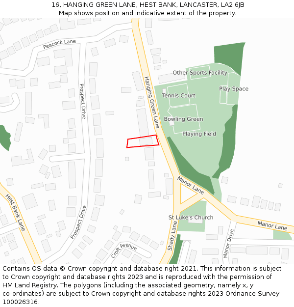 16, HANGING GREEN LANE, HEST BANK, LANCASTER, LA2 6JB: Location map and indicative extent of plot