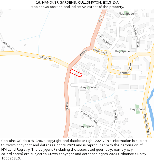 16, HANOVER GARDENS, CULLOMPTON, EX15 1XA: Location map and indicative extent of plot