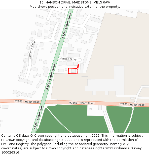 16, HANSON DRIVE, MAIDSTONE, ME15 0AW: Location map and indicative extent of plot