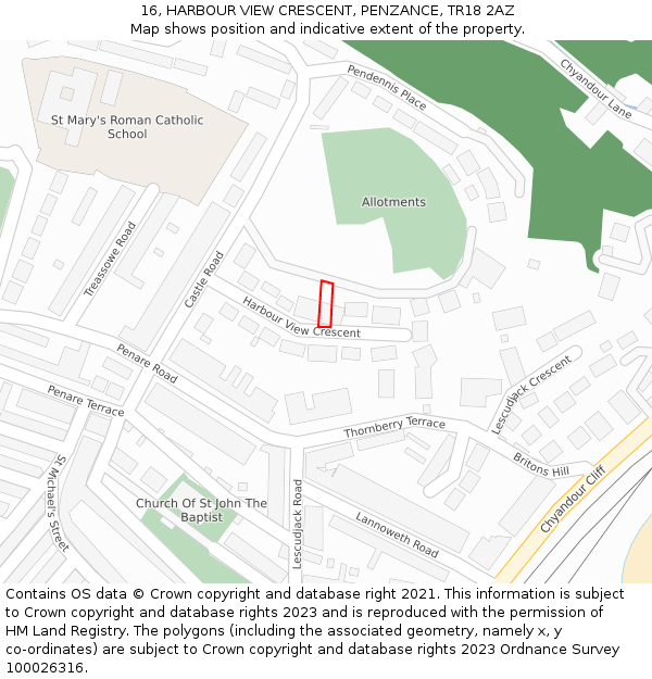 16, HARBOUR VIEW CRESCENT, PENZANCE, TR18 2AZ: Location map and indicative extent of plot