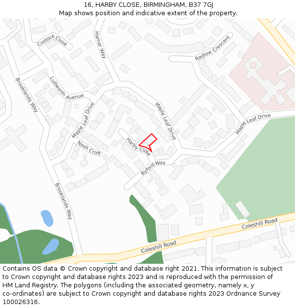 16, HARBY CLOSE, BIRMINGHAM, B37 7GJ: Location map and indicative extent of plot