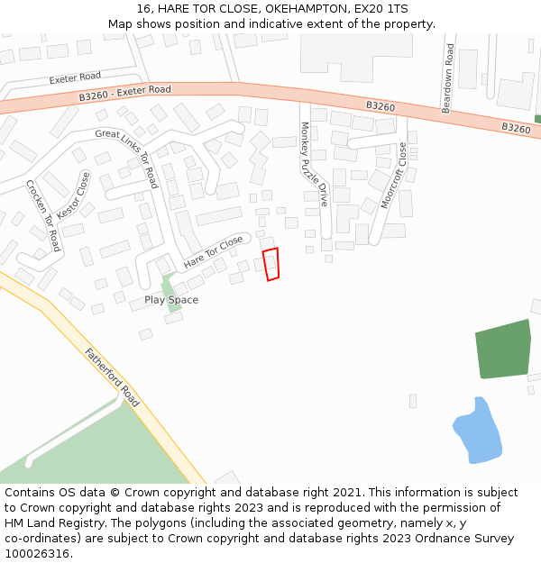 16, HARE TOR CLOSE, OKEHAMPTON, EX20 1TS: Location map and indicative extent of plot