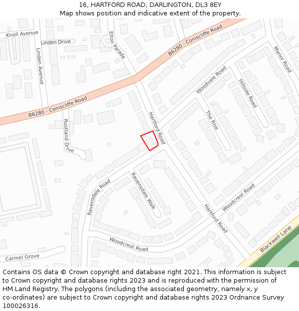 16, HARTFORD ROAD, DARLINGTON, DL3 8EY: Location map and indicative extent of plot