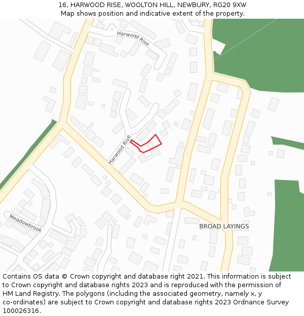 16, HARWOOD RISE, WOOLTON HILL, NEWBURY, RG20 9XW: Location map and indicative extent of plot