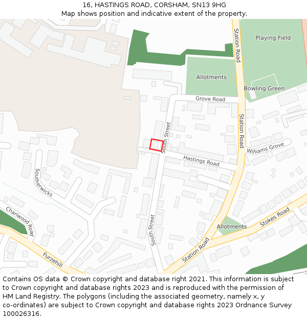 16, HASTINGS ROAD, CORSHAM, SN13 9HG: Location map and indicative extent of plot