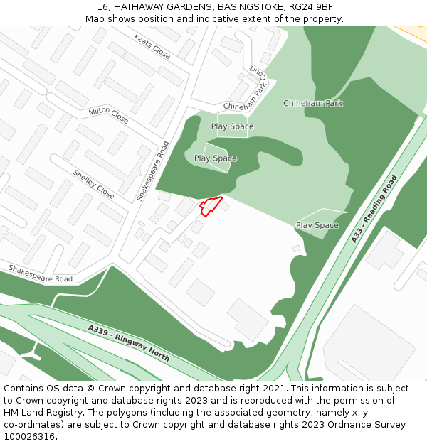 16, HATHAWAY GARDENS, BASINGSTOKE, RG24 9BF: Location map and indicative extent of plot