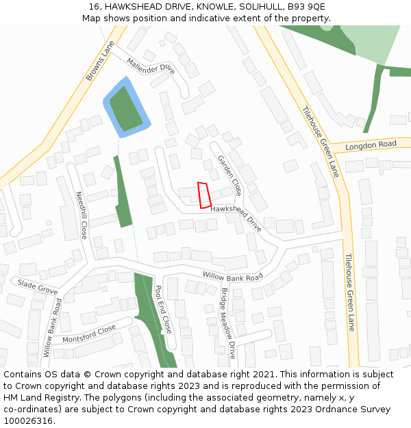 16, HAWKSHEAD DRIVE, KNOWLE, SOLIHULL, B93 9QE: Location map and indicative extent of plot