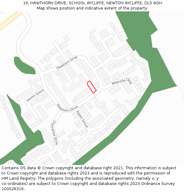 16, HAWTHORN DRIVE, SCHOOL AYCLIFFE, NEWTON AYCLIFFE, DL5 6GH: Location map and indicative extent of plot