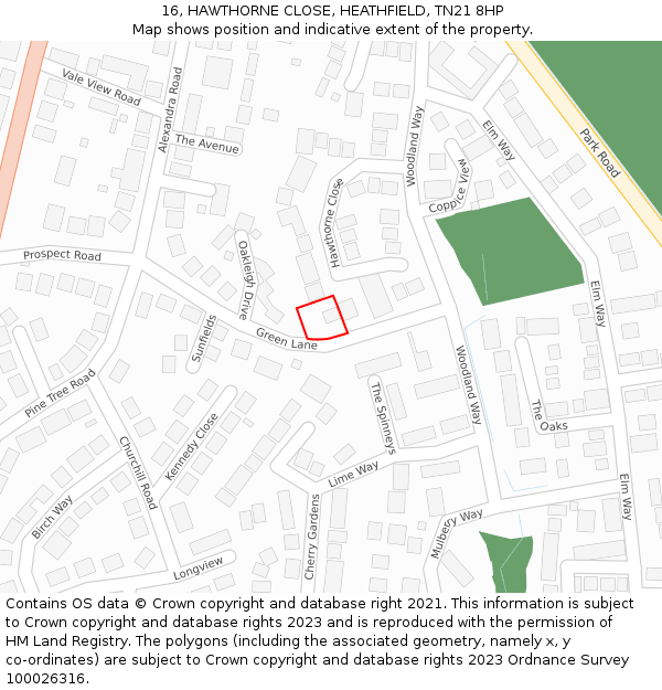 16, HAWTHORNE CLOSE, HEATHFIELD, TN21 8HP: Location map and indicative extent of plot