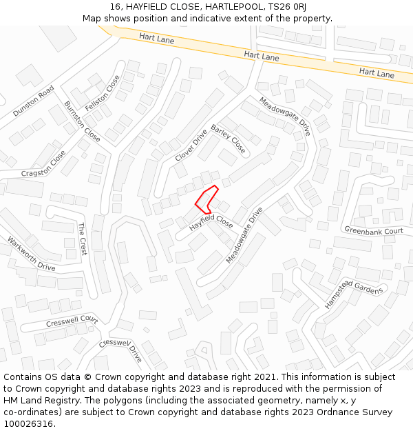 16, HAYFIELD CLOSE, HARTLEPOOL, TS26 0RJ: Location map and indicative extent of plot