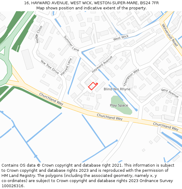 16, HAYWARD AVENUE, WEST WICK, WESTON-SUPER-MARE, BS24 7FR: Location map and indicative extent of plot