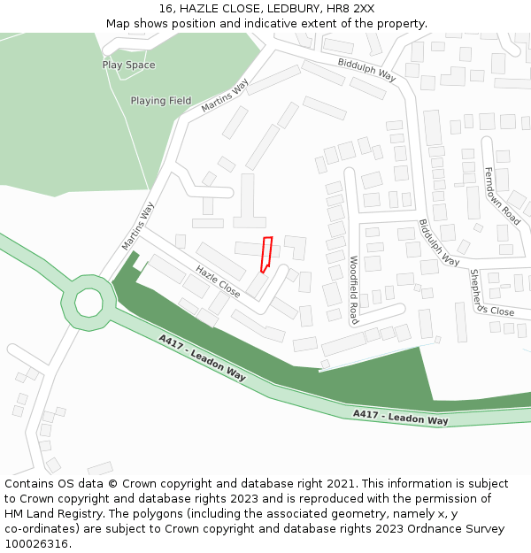 16, HAZLE CLOSE, LEDBURY, HR8 2XX: Location map and indicative extent of plot