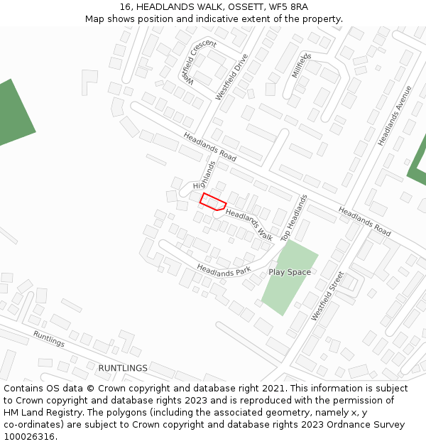16, HEADLANDS WALK, OSSETT, WF5 8RA: Location map and indicative extent of plot