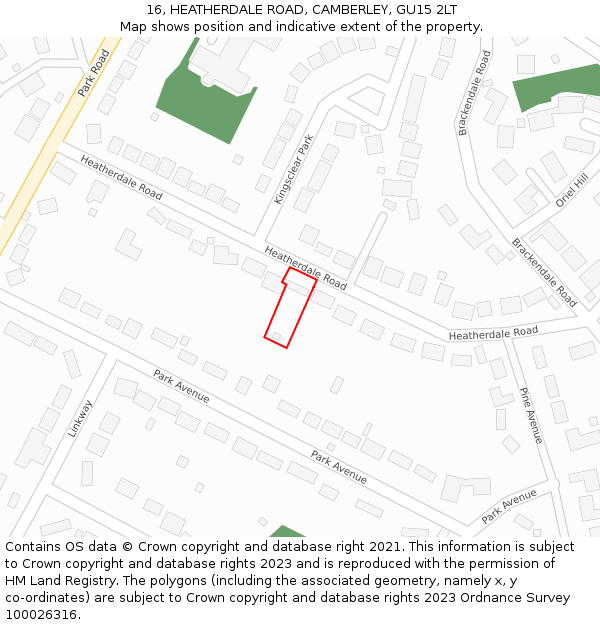 16, HEATHERDALE ROAD, CAMBERLEY, GU15 2LT: Location map and indicative extent of plot