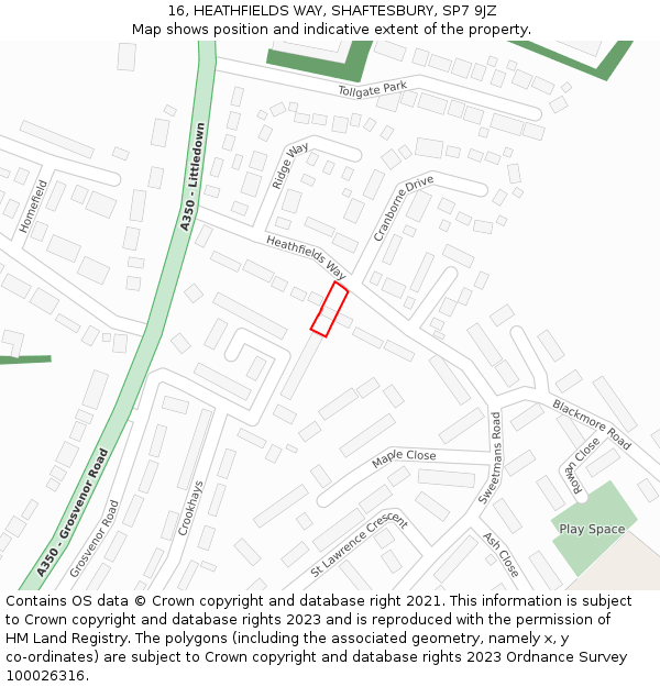 16, HEATHFIELDS WAY, SHAFTESBURY, SP7 9JZ: Location map and indicative extent of plot