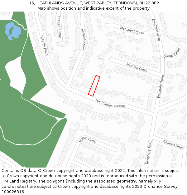 16, HEATHLANDS AVENUE, WEST PARLEY, FERNDOWN, BH22 8RP: Location map and indicative extent of plot