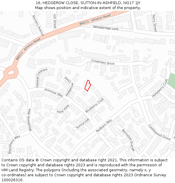 16, HEDGEROW CLOSE, SUTTON-IN-ASHFIELD, NG17 1JY: Location map and indicative extent of plot