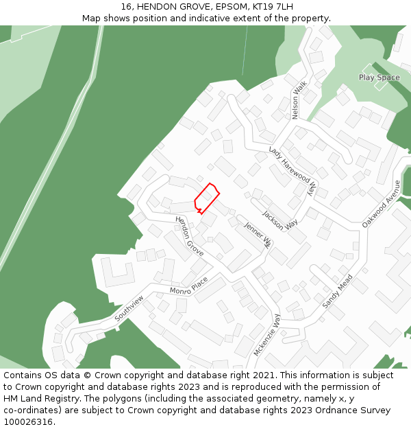 16, HENDON GROVE, EPSOM, KT19 7LH: Location map and indicative extent of plot