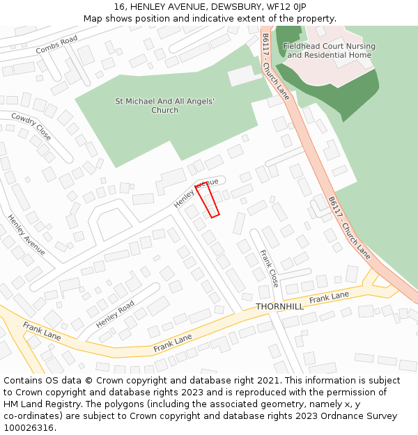 16, HENLEY AVENUE, DEWSBURY, WF12 0JP: Location map and indicative extent of plot