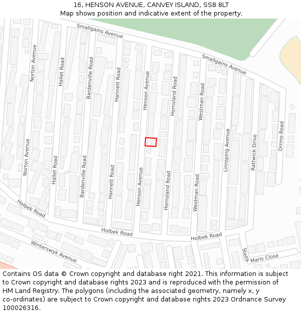 16, HENSON AVENUE, CANVEY ISLAND, SS8 8LT: Location map and indicative extent of plot