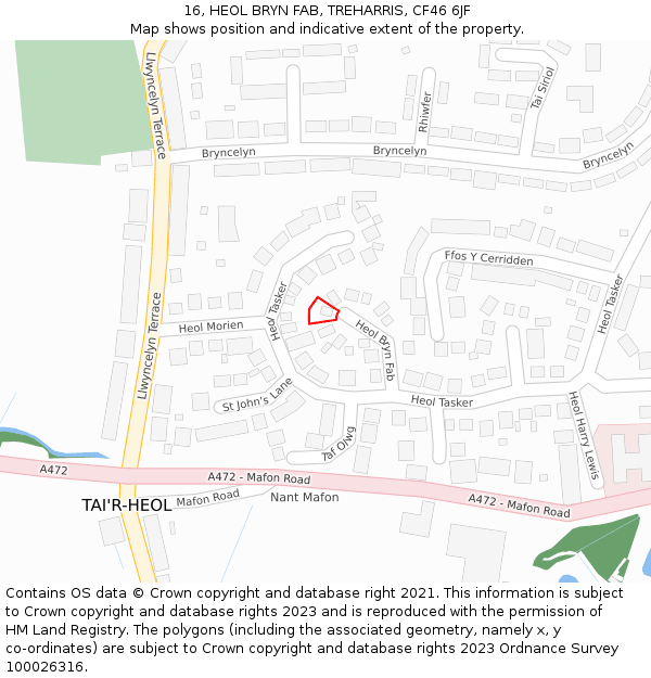 16, HEOL BRYN FAB, TREHARRIS, CF46 6JF: Location map and indicative extent of plot