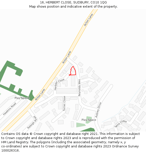 16, HERBERT CLOSE, SUDBURY, CO10 1QG: Location map and indicative extent of plot