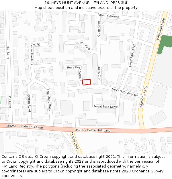 16, HEYS HUNT AVENUE, LEYLAND, PR25 3UL: Location map and indicative extent of plot