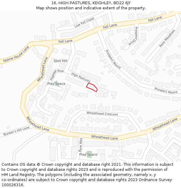 16, HIGH PASTURES, KEIGHLEY, BD22 6JY: Location map and indicative extent of plot